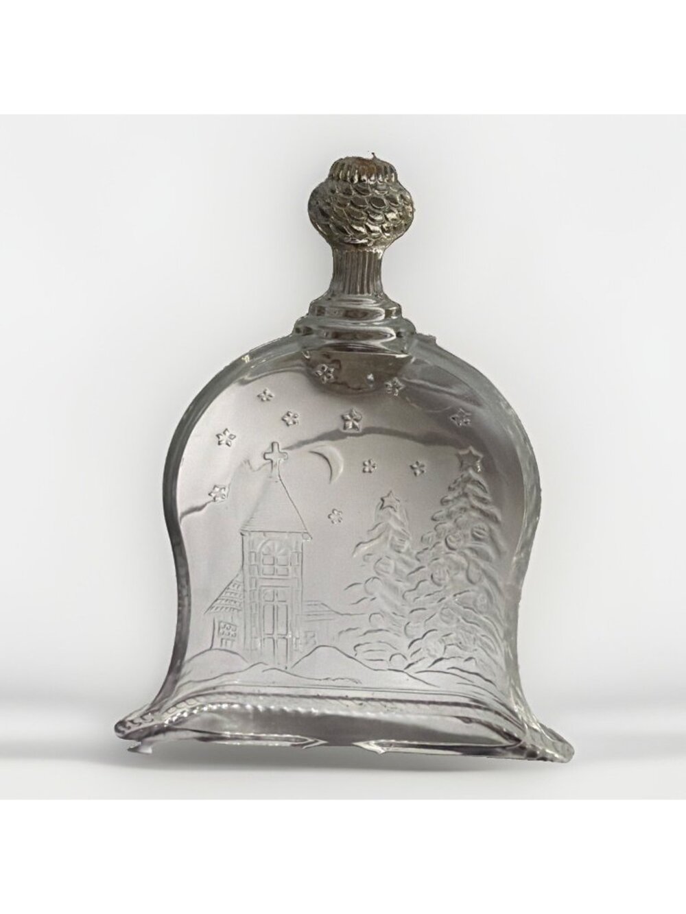 vintage pressed glass bell shape candy dish with church & trees stars moon